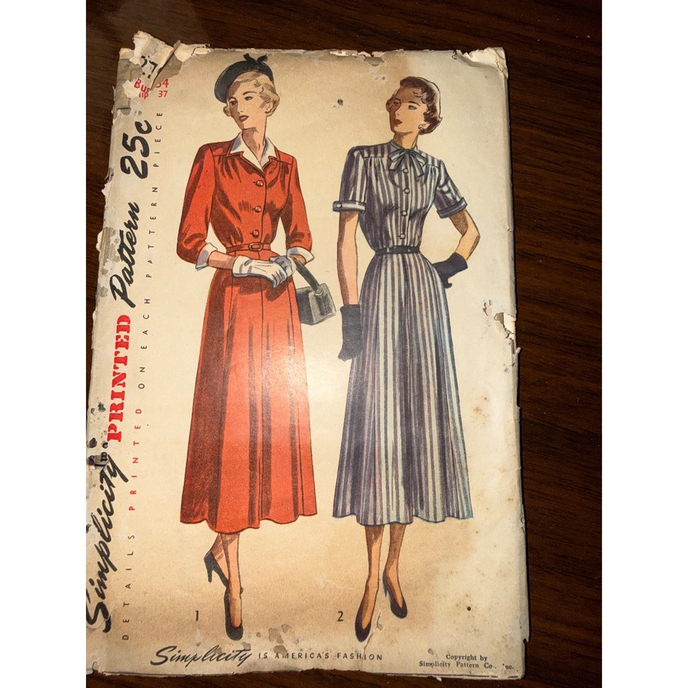 Vintage Simplicity 2709 Sewing Pattern 1940s 1950s Dress Detachable Collar‎